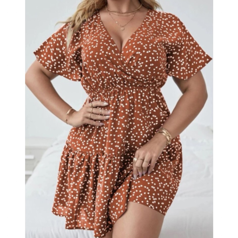 Boho plus size burnt orange floral surplice ruffle hem mini dress